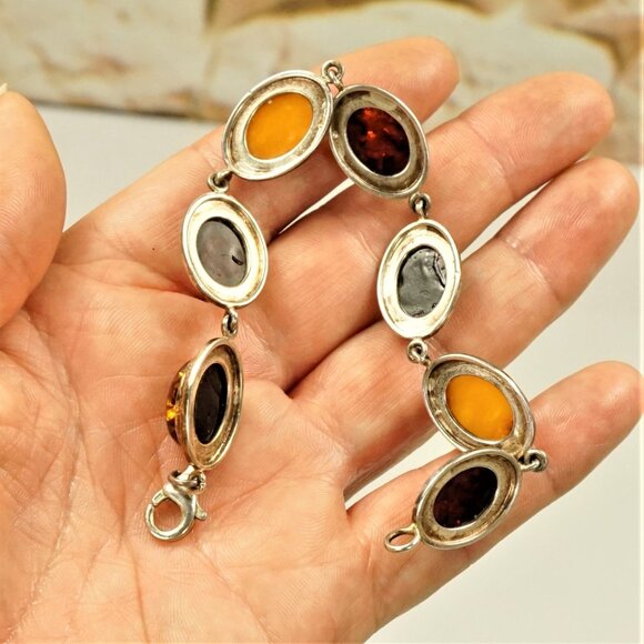 Multi Amber And 925 Silver Link Bracelet 7" - Unisex Amber Jewelry Gift - Picture 7 of 13